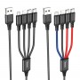 Кабель HOCO X76 USB to iP+Type-C+Type-C+Micro 2A, 1m, nylon, aluminum connectors Black+Red+Blue (6931474768650)