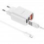 Мережевий Зарядний Пристрій Borofone BA58A, LCD Display, Cable Lightning, 2USB, 2.4A, White