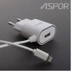 Сетевое зарядное устройство Aspor A802 Plus (1USB/2.4A) LED + USB кабель Lightning- белый