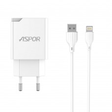 Сетевое зарядное устройство Aspor A826 PD (20W/USB/Type-C) + кабель USB –  Lightning- белый