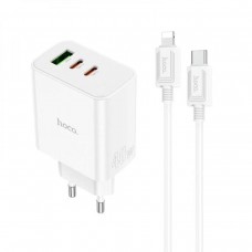 Мережевий зарядний пристрій HOCO C126A Pure power PD40W three-port(2C1A) charger set(C to iP) White (6931474798732)