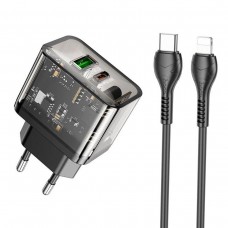 Мережевий зарядний пристрій HOCO N34 Dazzling dual-port PD20W+QC3.0 charger set(C to iP) Transparent Black (6931474799173)