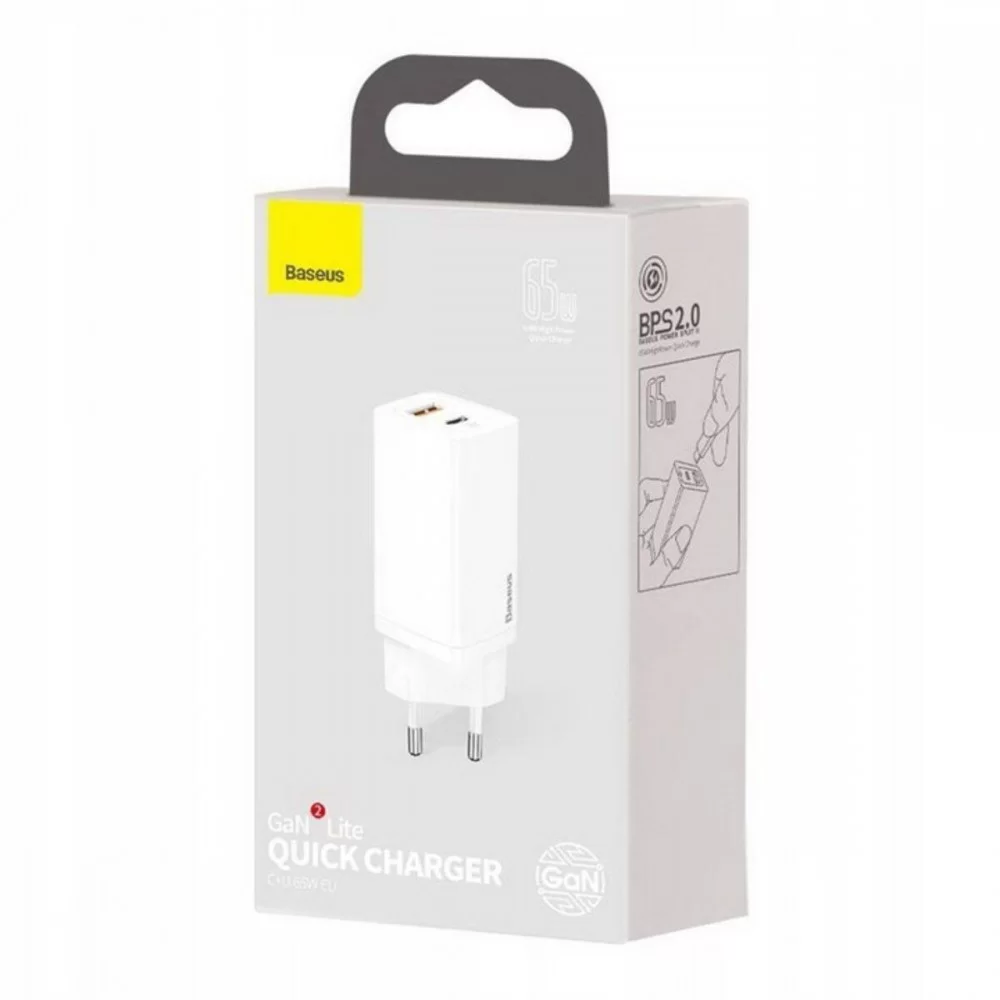 Мережевий зарядний пристрій Baseus GaN2 Lite Quick Charger C+U 65W EU White (CCGAN2L-B02)