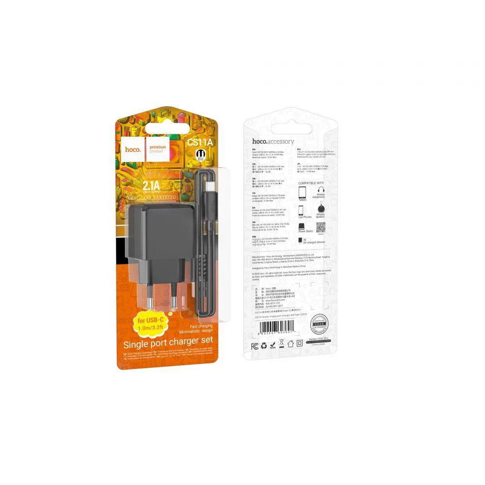 Мережевий Зарядний Пристрій Hoco CS11A 1USB 2.1A+USB to Type-C