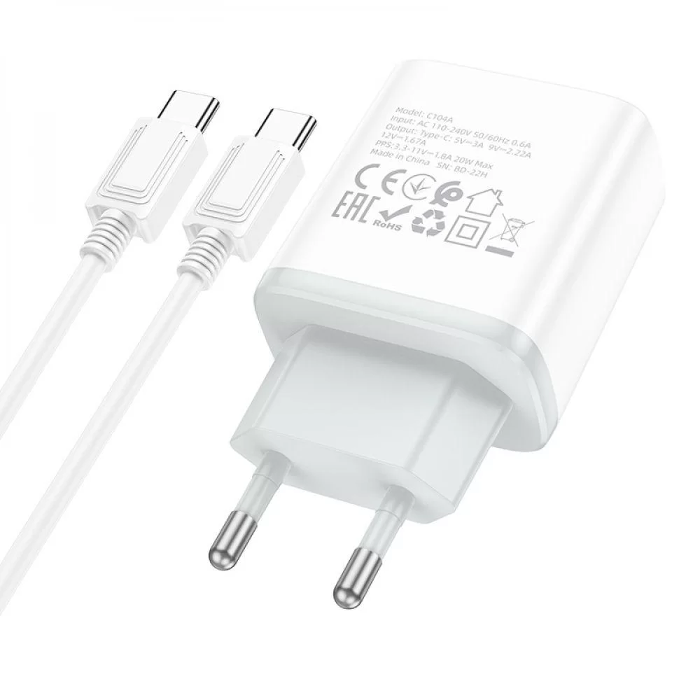 Мережевий Зарядний Пристрій Hoco C104A Stage single port PD20W Type-C to Type-C