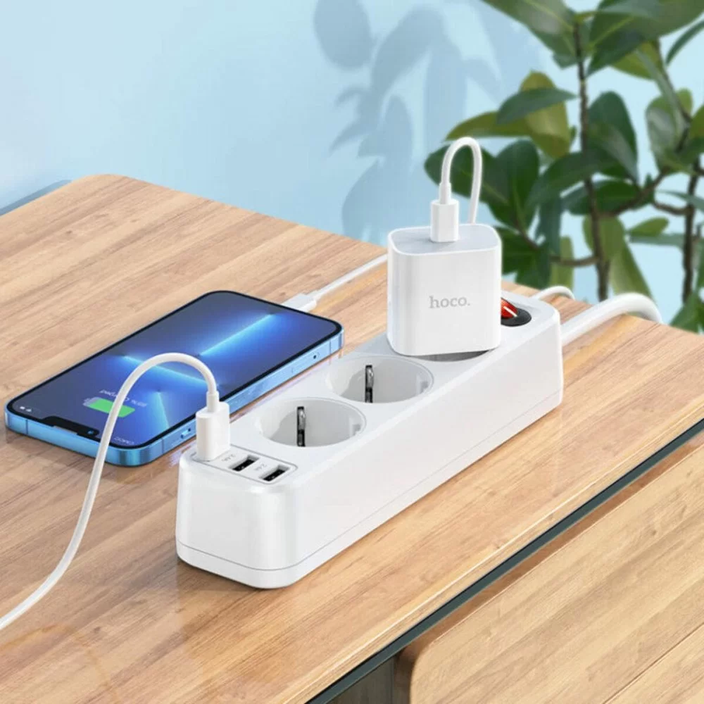 Мережевий подовжувач HOCO NS2 3-position extension cord socket(including 3*USB output) White (6931474765178)