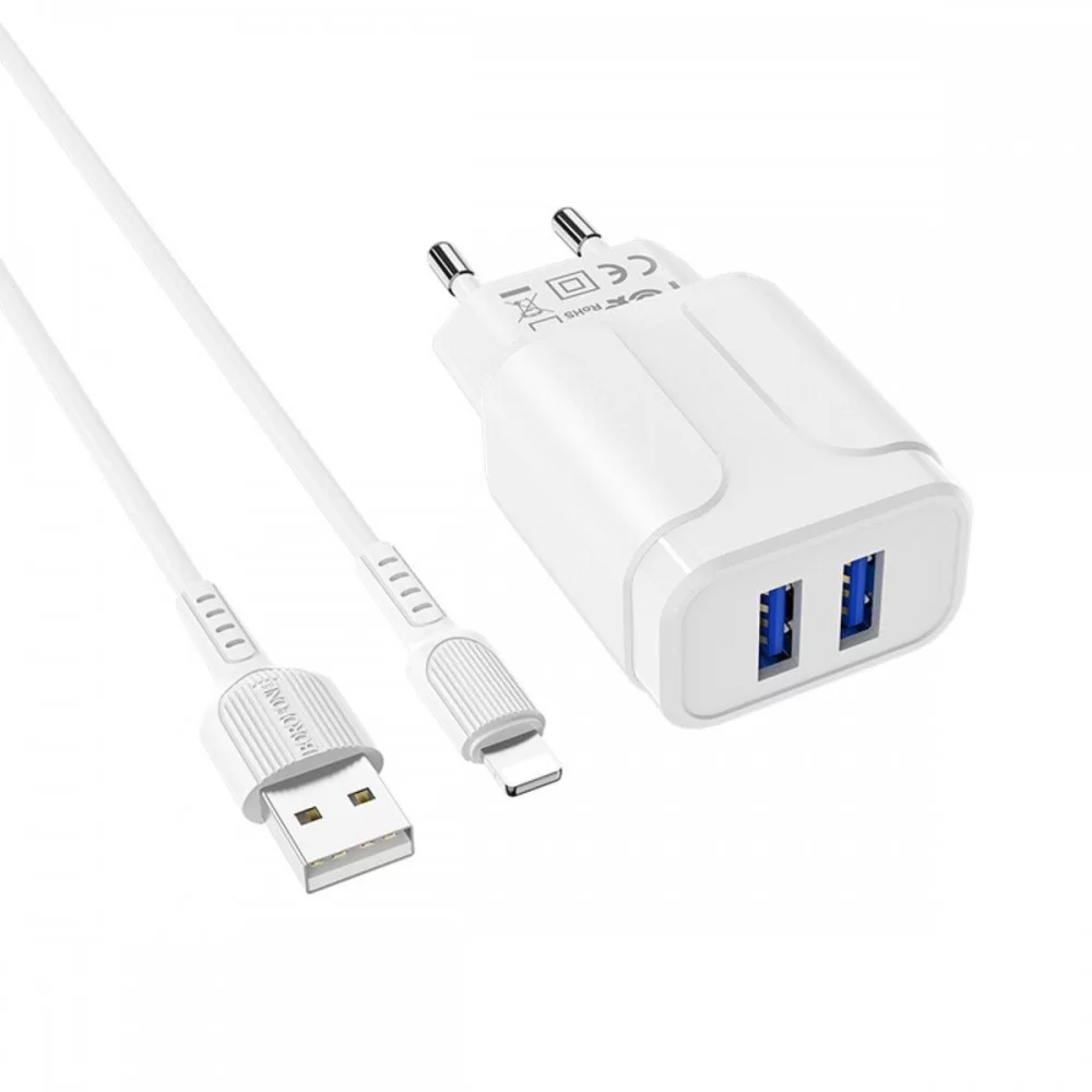 Мережевий зарядний пристрій BOROFONE BA37A Speedy dual port charger(Lightning)  White (BA37ALW)