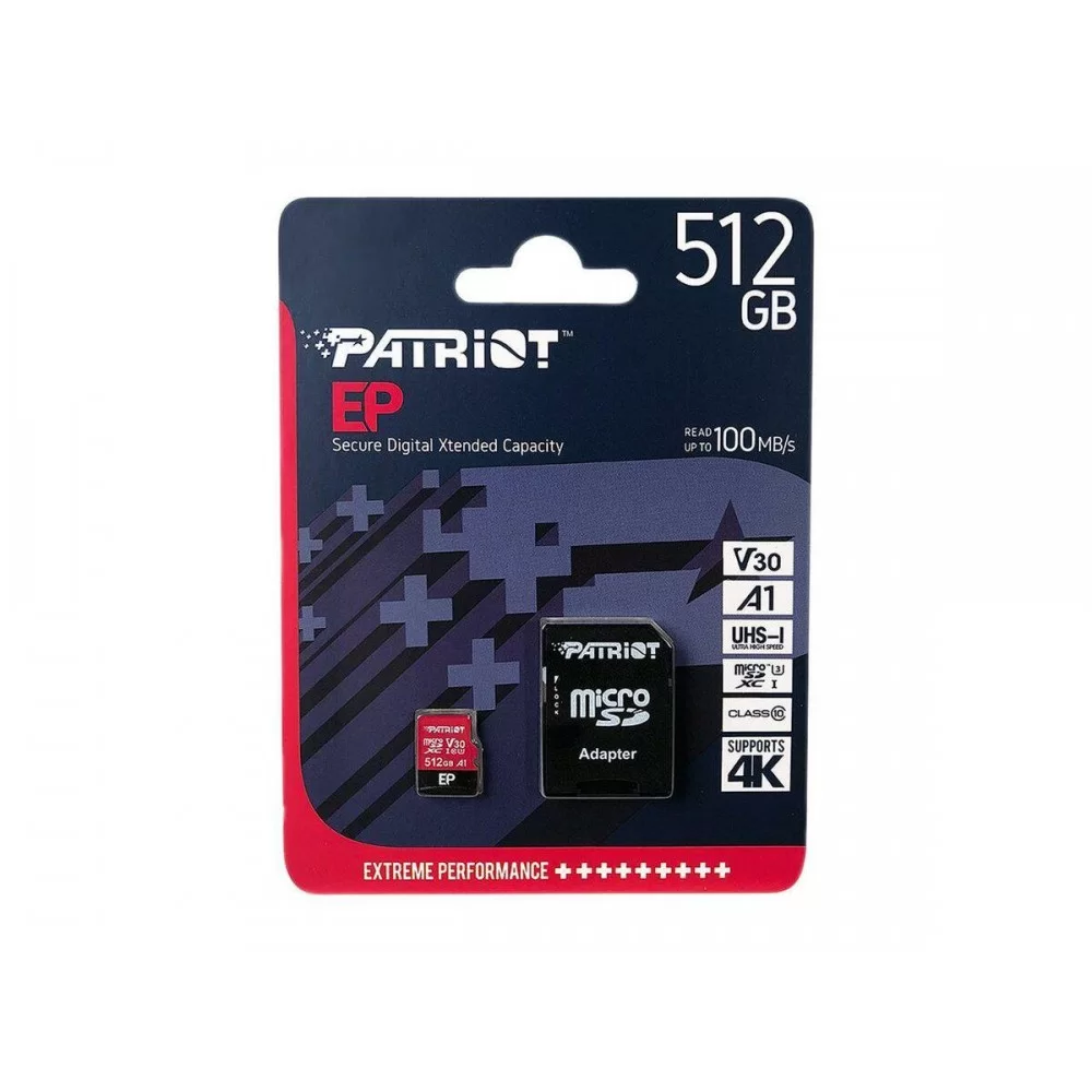microSDXC (UHS-1 U3) Patriot EP Series 512Gb class 10 V30 (R-100MB/s, W-80MB/s) (adapter SD) (PEF512GEP31MCX)