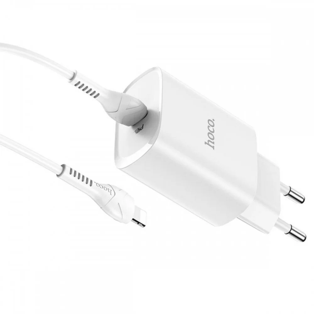 Мережевий зарядний пристрій HOCO N14 Smart Charging single port PD20W charger set(C to iP) White (6931474745033)