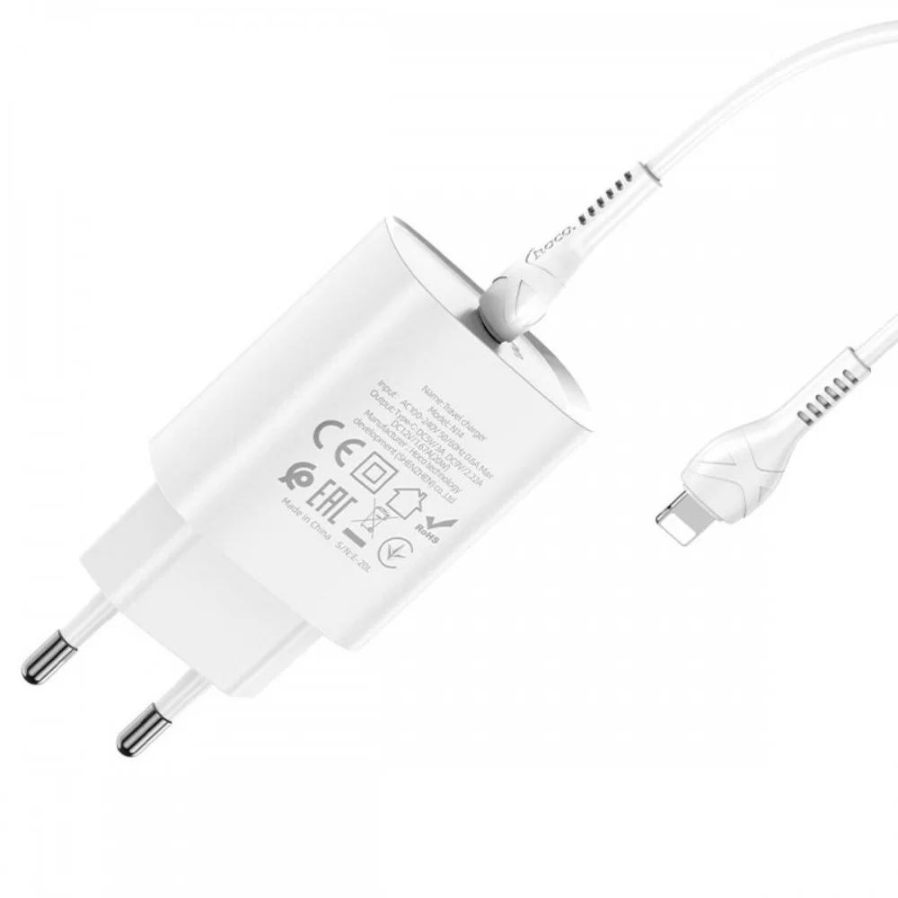 Мережевий зарядний пристрій HOCO N14 Smart Charging single port PD20W charger set(C to iP) White (6931474745033)