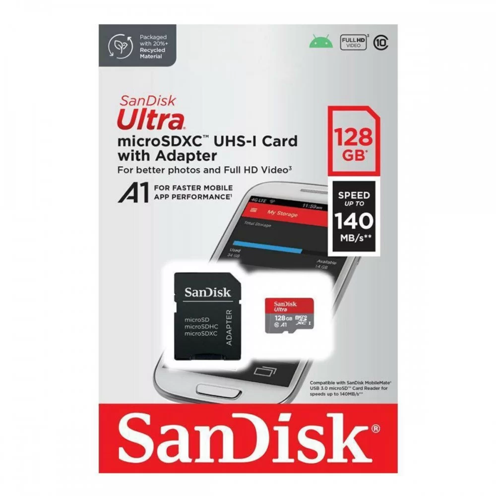 microSDXC (UHS-1) SanDisk Ultra 128Gb class 10 A1 (140Mb/s) (adapter) (SDSQUAB-128G-GN6MA)