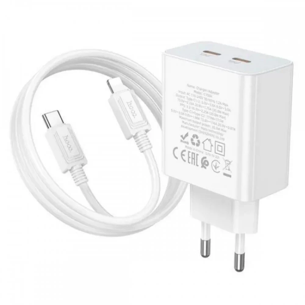 Мережевий зарядний пристрій HOCO C108A Leader PD35W dual port(2C) charger set(C to iP) White (6931474784445)
