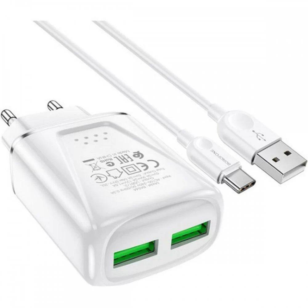 Мережевий зарядний пристрій BOROFONE BA54A Wide road dual port QC3.0 charger (Type-C) 18W White (BA54ACW)