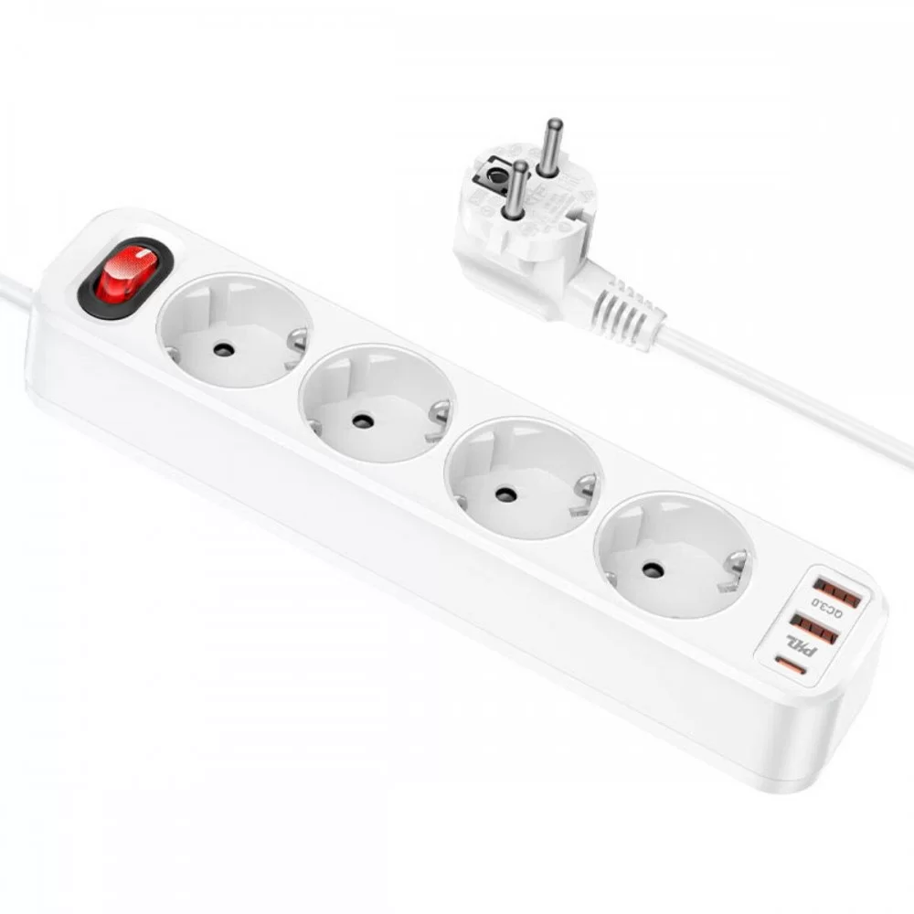 Мережевий подовжувач HOCO NS1 Aura 4-bit extension cable socket(including 1C2A PD20W fast charge) White (6931474760555)