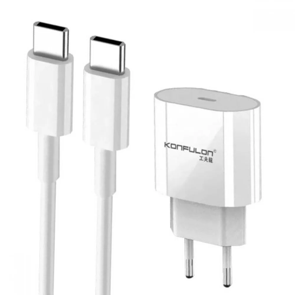 Мережевий зарядний пристрій Konfulon C71, Cable Type-C to Type-C, PD, 20W, White