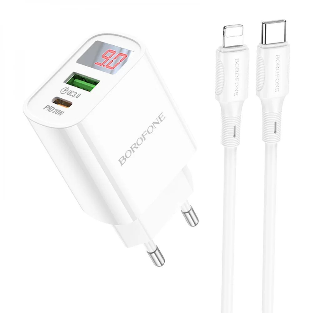 Мережевий Зарядний Пристрій Borofone BA78A PD20W+QC3.0 digital display Type-C to Lightning