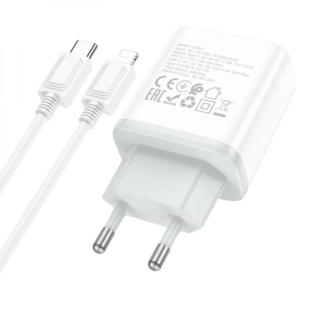 Мережевий Зарядний Пристрій Hoco C105A Stage dual port PD20W+QC3.0 Type-C to Lightning