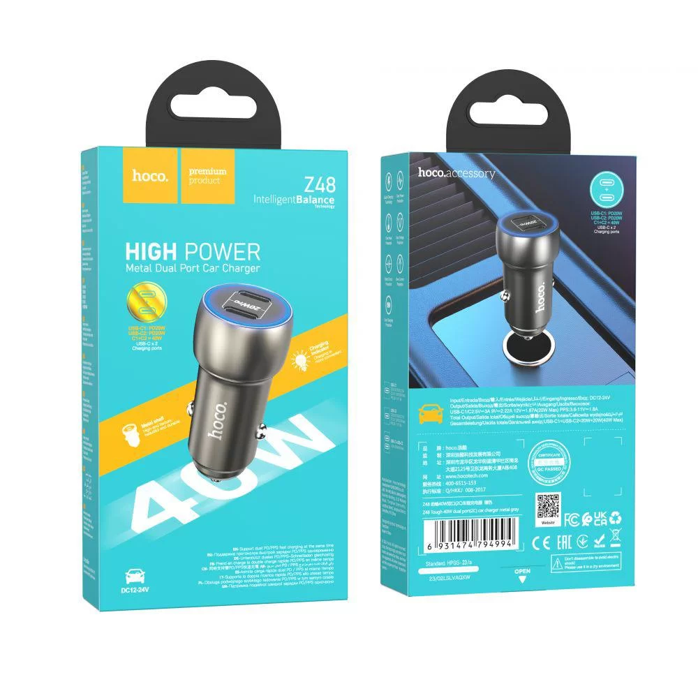 Автомобільний Зарядний Пристрій Hoco Z48 Tough 40W dual port(2C)