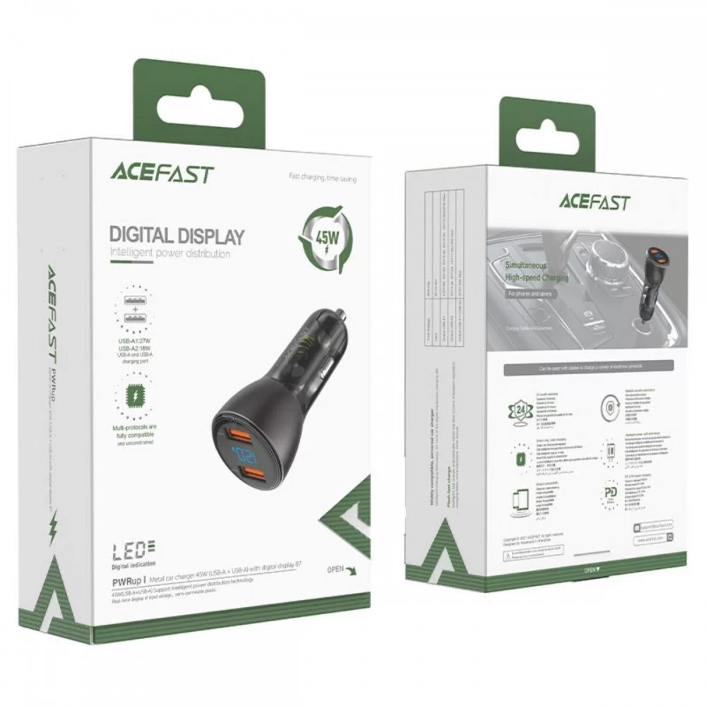 Автомобільний зарядний пристрій ACEFAST B7 metal  45W (USB-A + USB-A) with digital display (AFB7B)