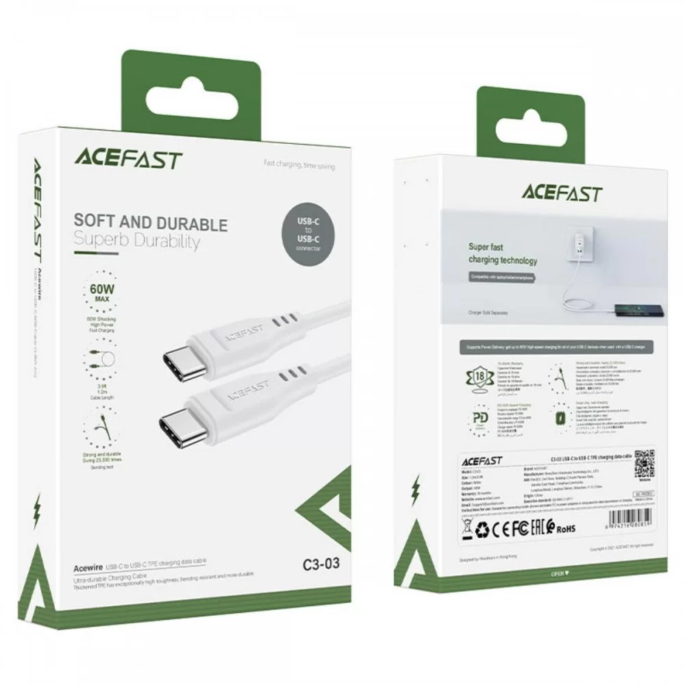 Кабель ACEFAST C3-03 Type-C to Type-C 3A, 60W, 1.2m, TPE, TPE connectors, White (AFC3-03W)