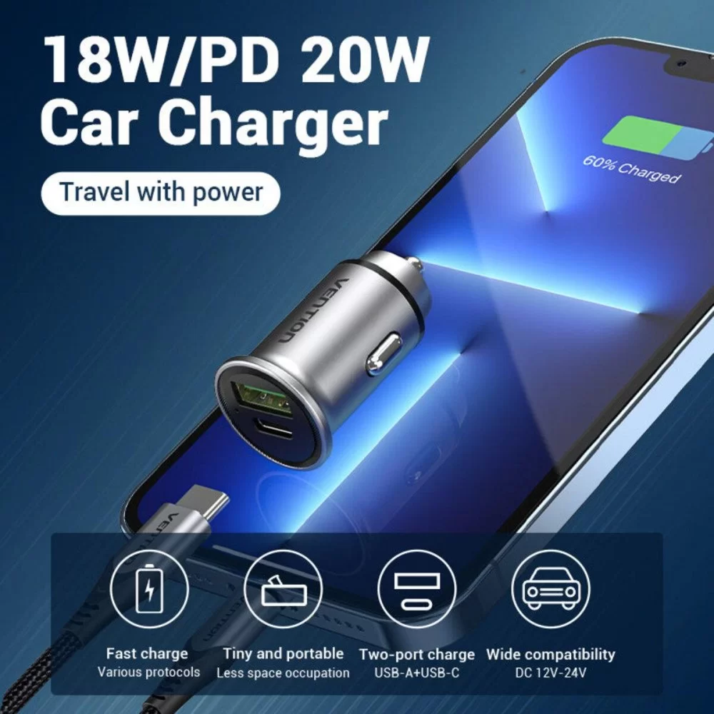 Автомобільний зарядний пристрій Vention Two-Port USB A+C(18/20) Car Charger Gray Mini Style Aluminium Alloy Type (FFBH0) (FFBH0)