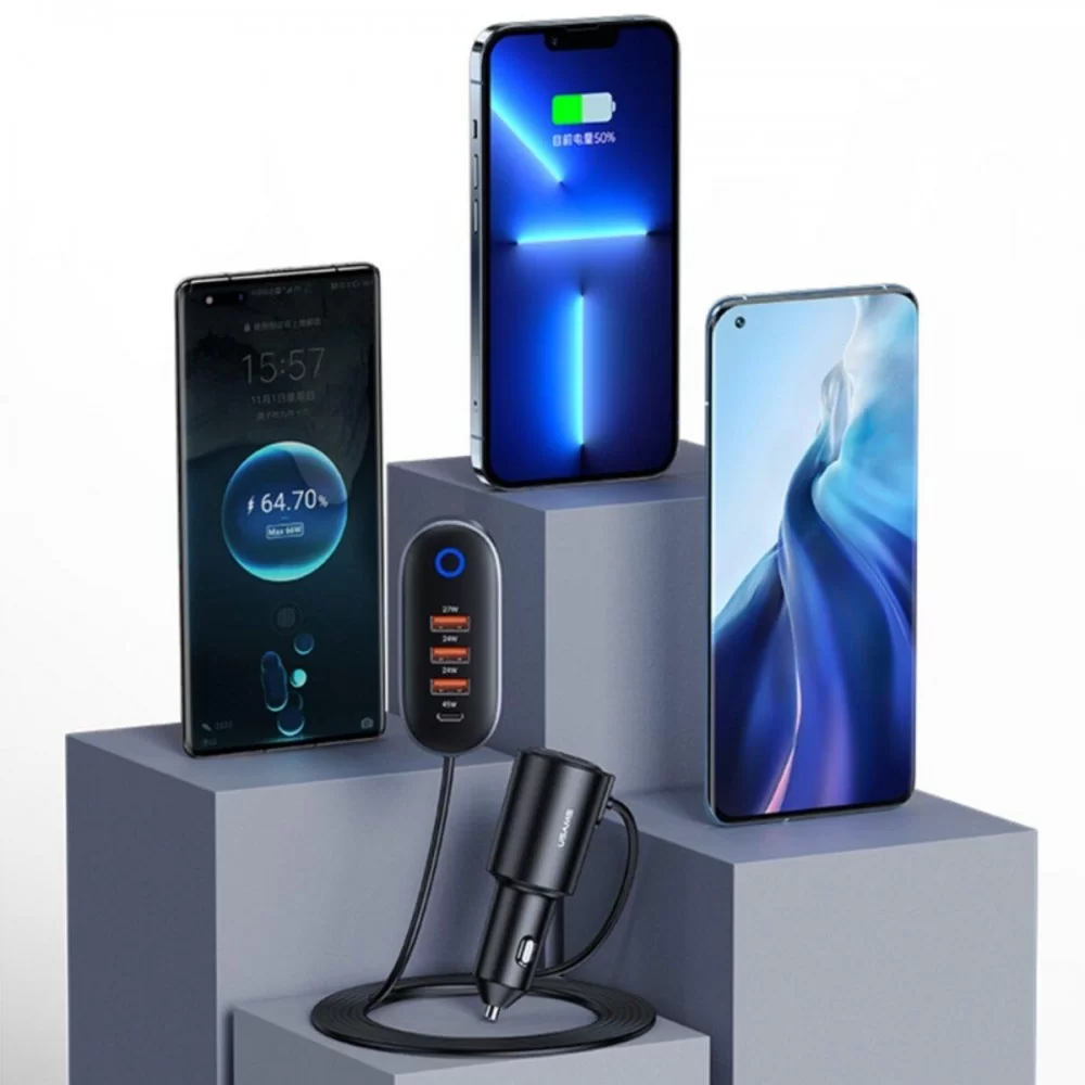 АЗП Usams US-CC161Car Charger 3USB + Type-C 156W With Cigarette Lighter Black (CC161CC01)