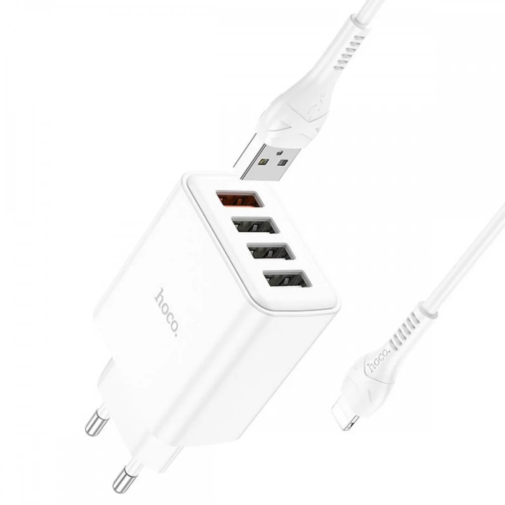 Мережевий зарядний пристрій HOCO C102A Fuerza QC3.0 four-port charger set(iP) 18W White (6931474777720)