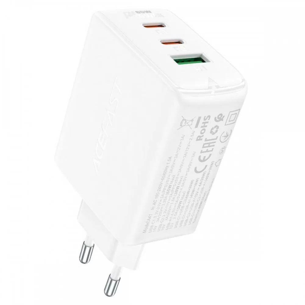 Мережевий зарядний пристрій ACEFAST A41 PD65W GaN (2*USB-C+USB-A) charger White (AFA41W)