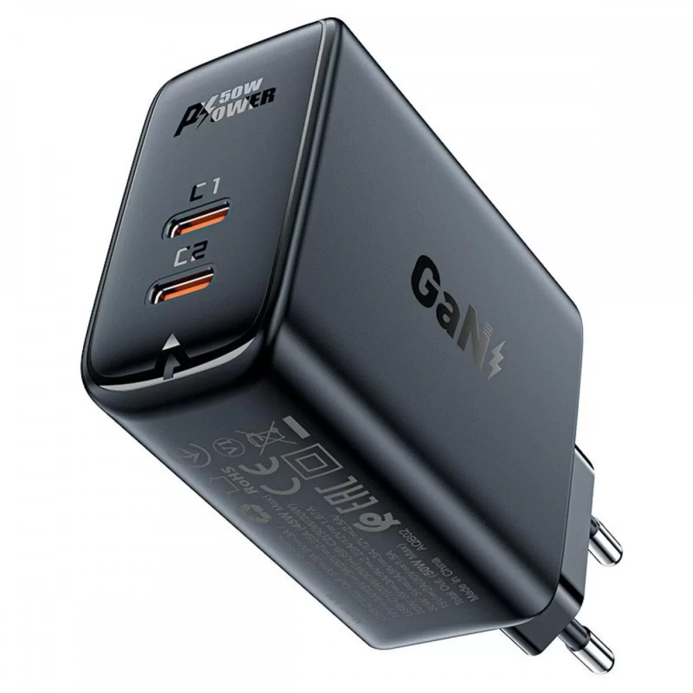 Мережевий зарядний пристрій ACEFAST A29 PD50W GaN (USB-C+USB-C) dual port charger Black (AFA29B)