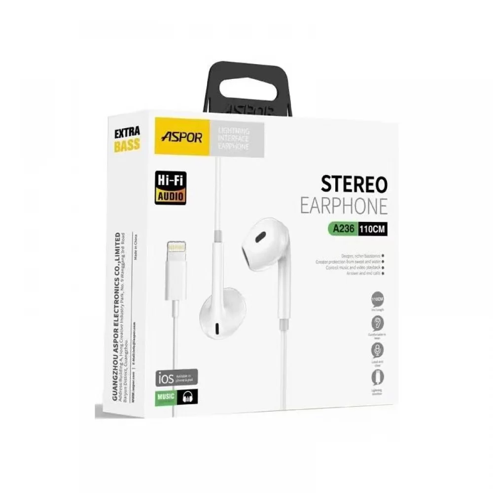 Наушники с микрофоном Aspor A236 EarPhone Lightning- белый