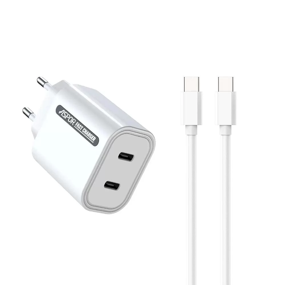 Сетевое зарядное устройство Aspor A807 (USB-C/USB-C/3A/45W) + кабель Type-C - Type-C- белый