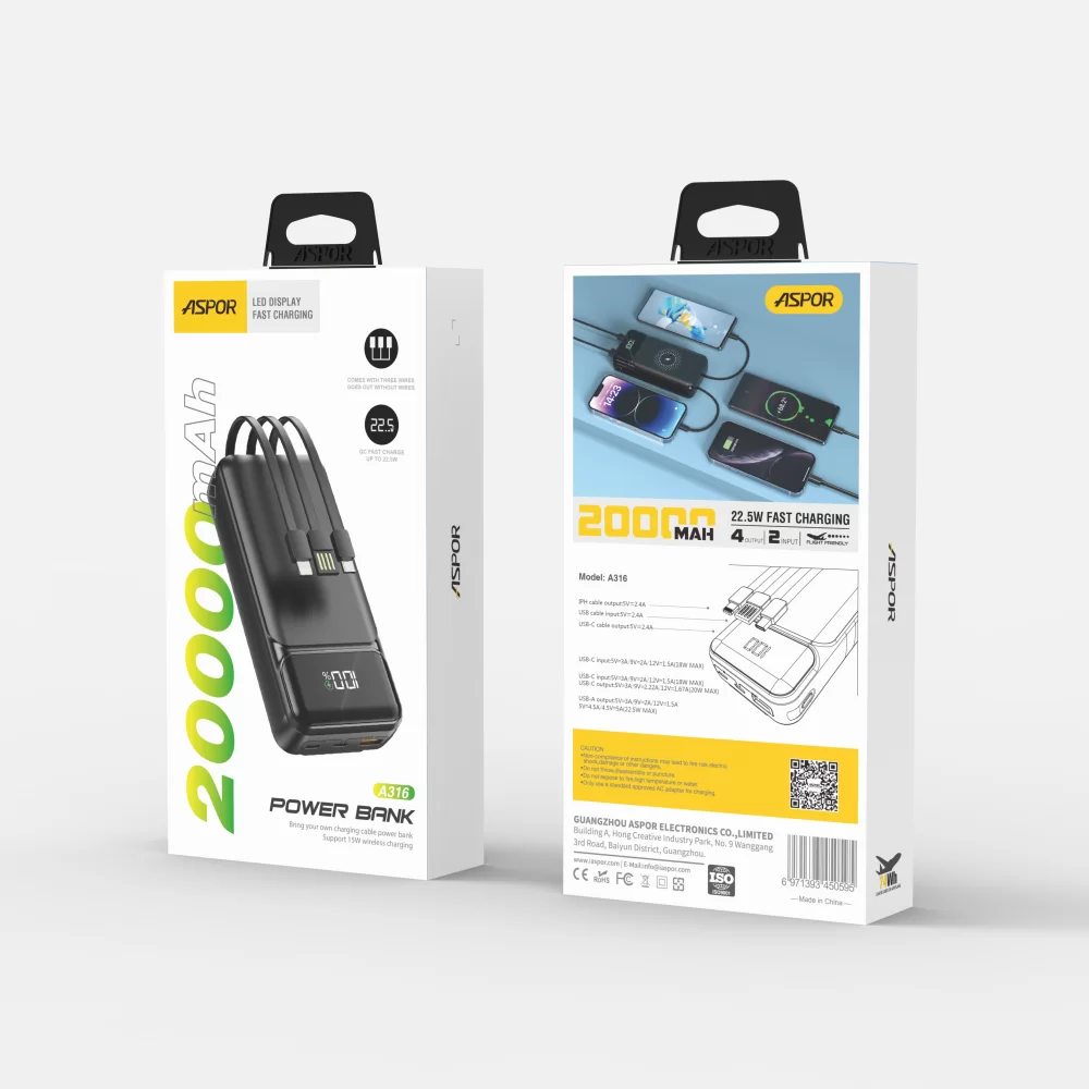 Портативное зарядное устройство Aspor A316 Fast Charge 20000 mAh (USB-C/USB/Type-C/Lightning/22.5W)- черный