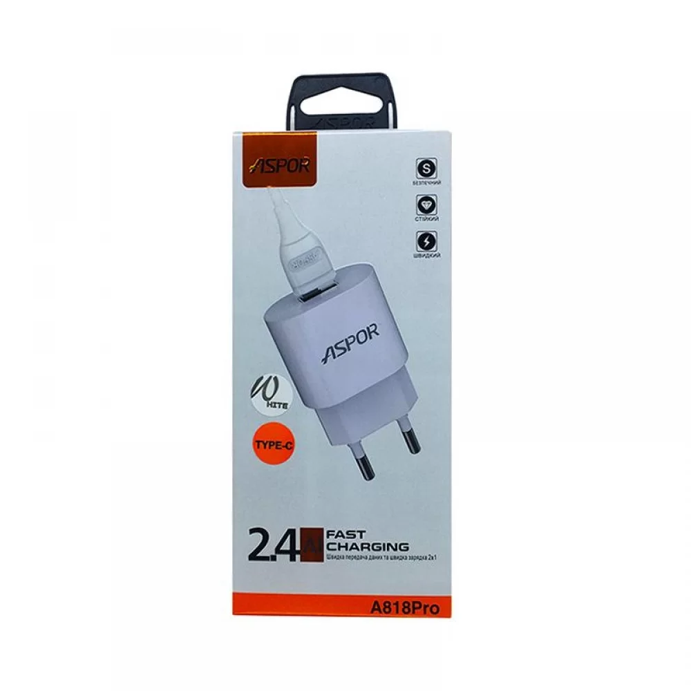 Сетевое зарядное устройство Aspor A818 Plus 2.4A iQ + USB кабель Type-C- белый