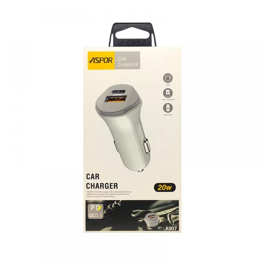 Автомобильное зарядное устройство Aspor A907 (USB/USB-C/3A/20W)- белый