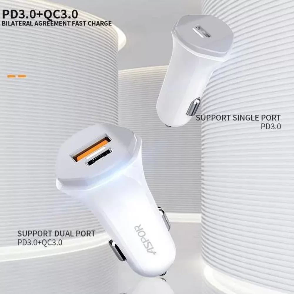 Автомобильное зарядное устройство Aspor A907 (USB/USB-C/3A/20W)- белый