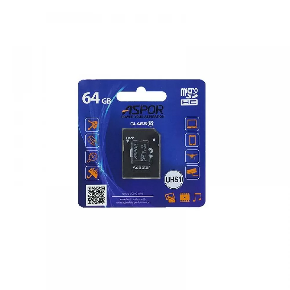 Карта памяти Aspor MicroSDHC 64GB UHS-I (Class 10) + SD adapter