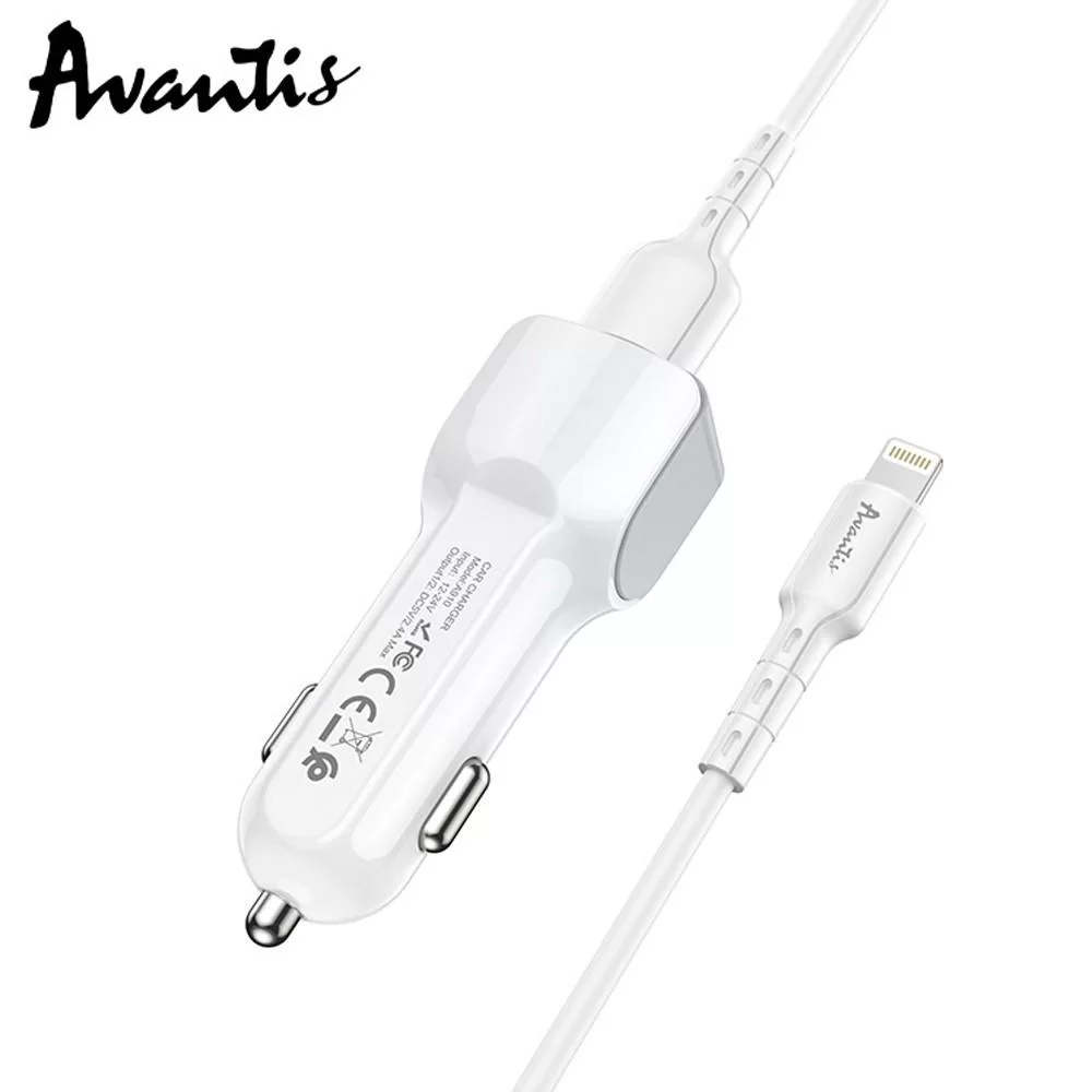 Автомобильное зарядное устройство Avantis A910 Grand style (2USB/2.4A) + USB кабель Lightning- белый