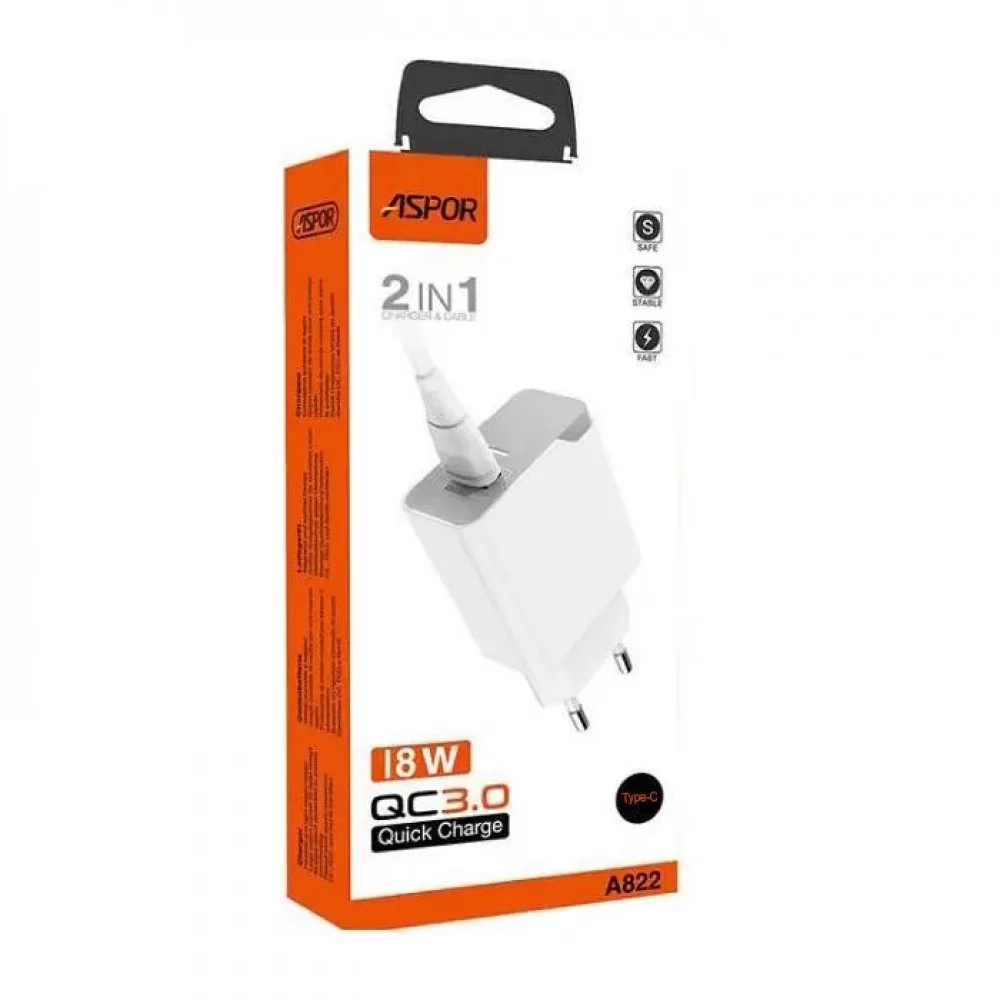Сетевое зарядное устройство Aspor A822 Fast Charger (18W QC3.0 1USB/3A) + USB кабель Type-C- белый