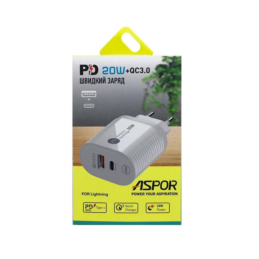 Сетевое зарядное устройство Aspor PD002 Premium Series (USB-C/USB QC 3.0/PD 20W) + кабель USB – Lightning- белый