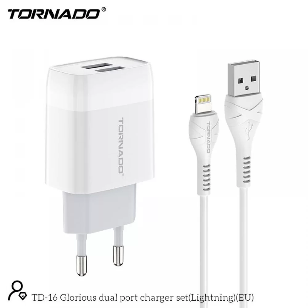 Сетевое зарядное устройство Tornado TD-16 (2USB/2.4A/1м) + USB кабель Lightning- белый