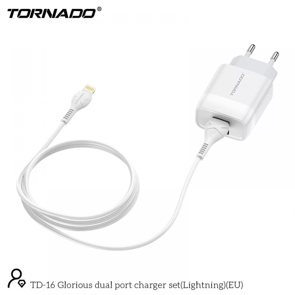 Сетевое зарядное устройство Tornado TD-16 (2USB/2.4A/1м) + USB кабель Lightning- белый