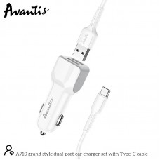 Автомобильное зарядное устройство Avantis A910 Grand style (2USB/2.4A) + USB кабель Type-C- белый
